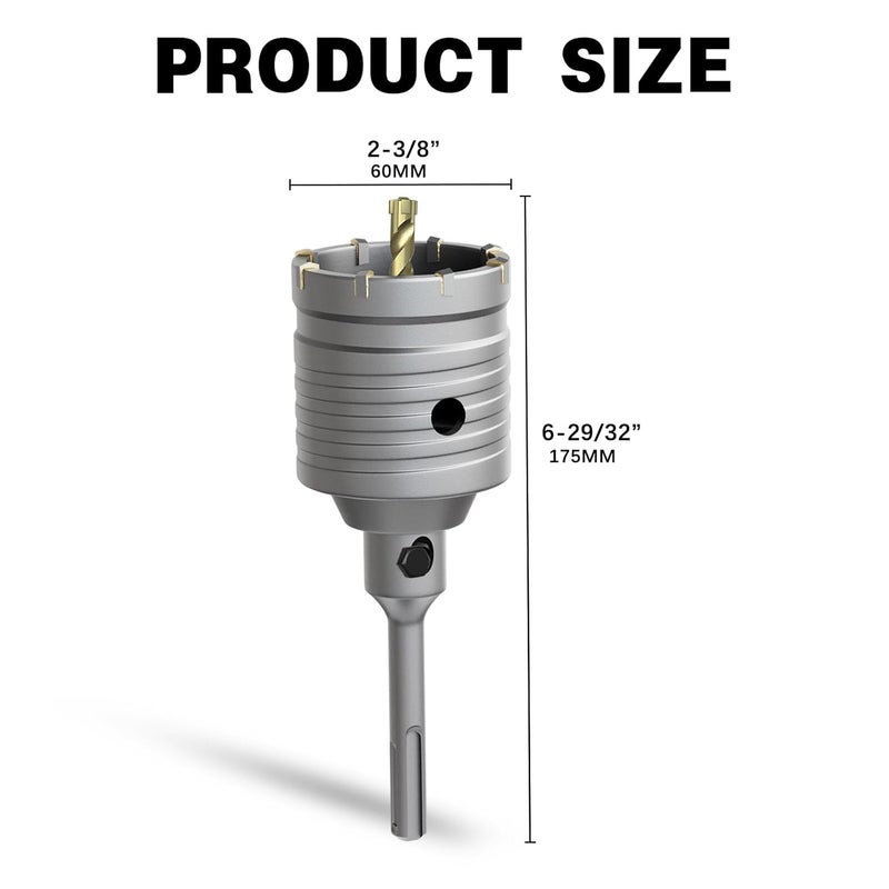 METOTO 2-3/8" Concrete Hole Saw,60mm Masonry Hole Saw, with 110mm SDS Plus Shank Connecting Rod for Concrete Brick Cement Stone Wall Drilling Home Improvement - Image 2
